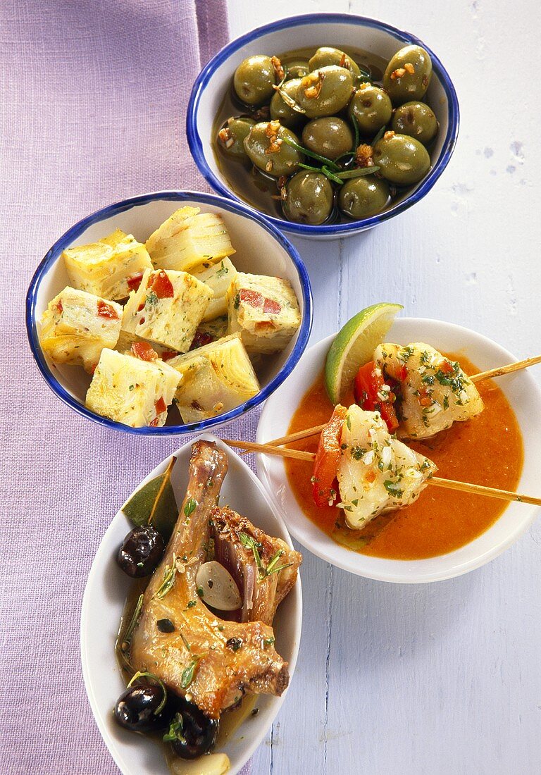 Spanish tapas: rabbit, monkfish, tortilla and olives