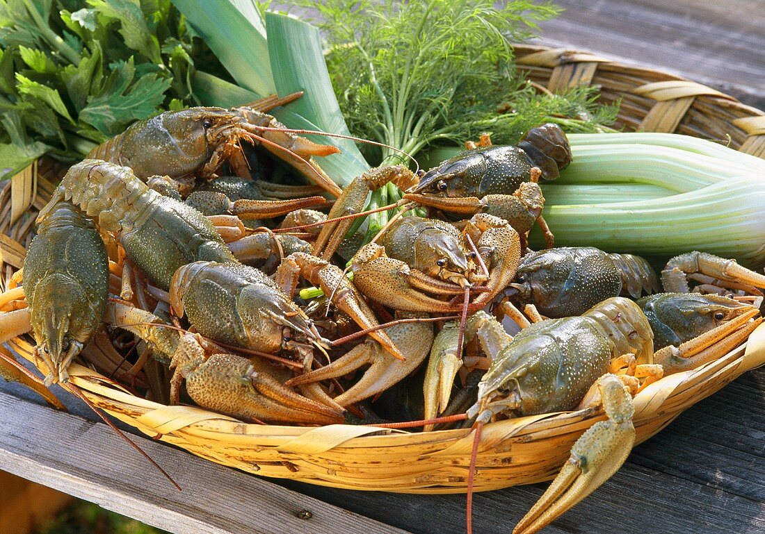 Swamp crayfish with vegetables and herbs