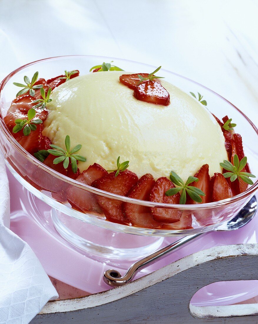 White chocolate mousse with strawberries and woodruff