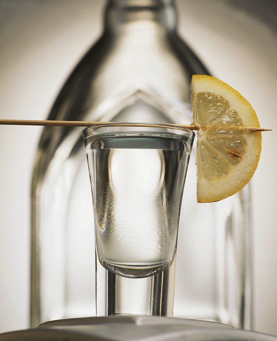 Ein Glas Wodka mit Zitronenscheibe, dahinter Wodkaflasche
