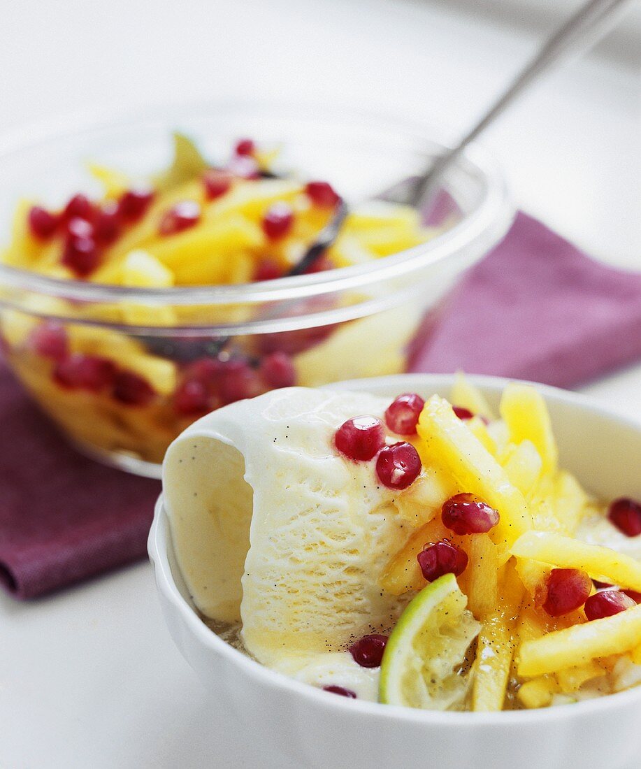 Pineapple salad with vanilla ice cream