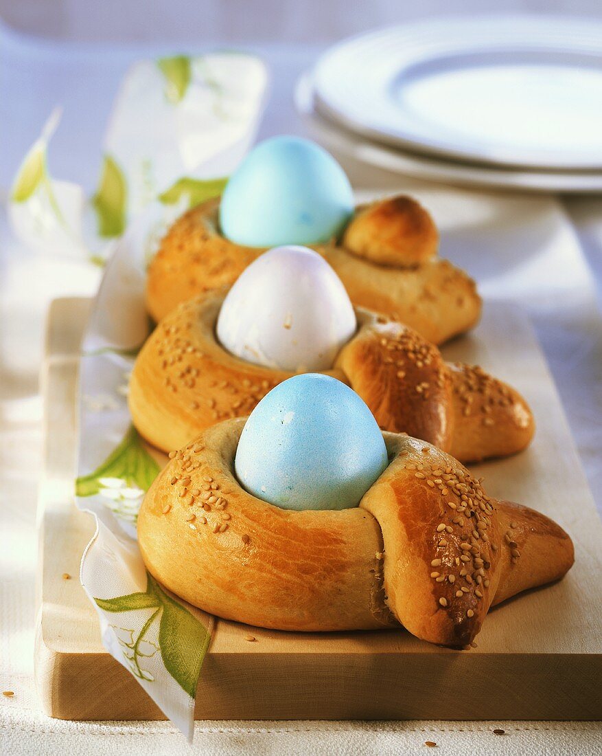 Greek Easter bread 'bows' with Easter eggs