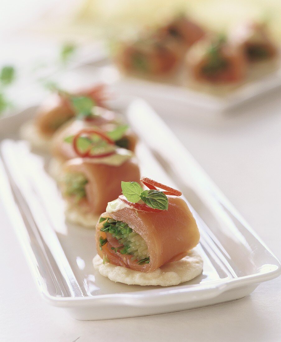 Salmon rolls with herb filling