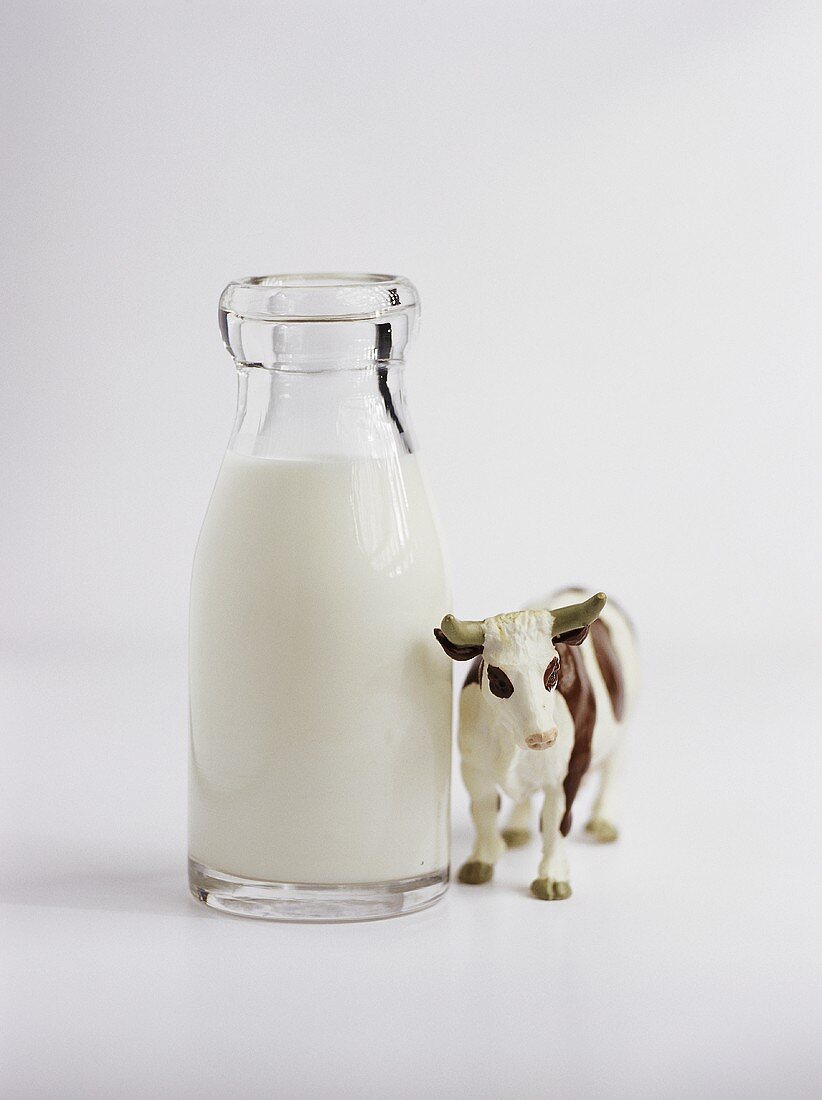 Eine Flasche Milch mit einer Kuhfigur