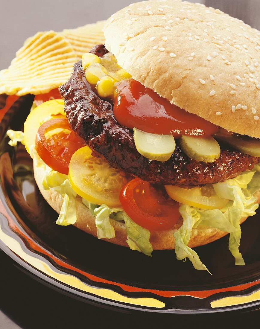 Hamburger with tomato and sweetcorn