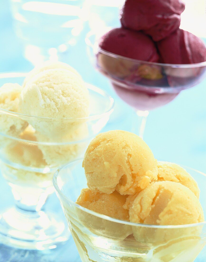 Mango sorbet, lemon sorbet and redcurrant sorbet