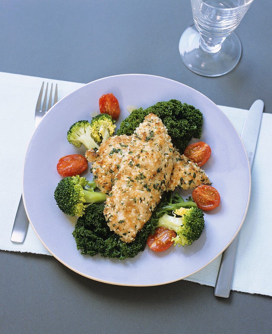 Chicken escalopes in sesame panade and broccoli