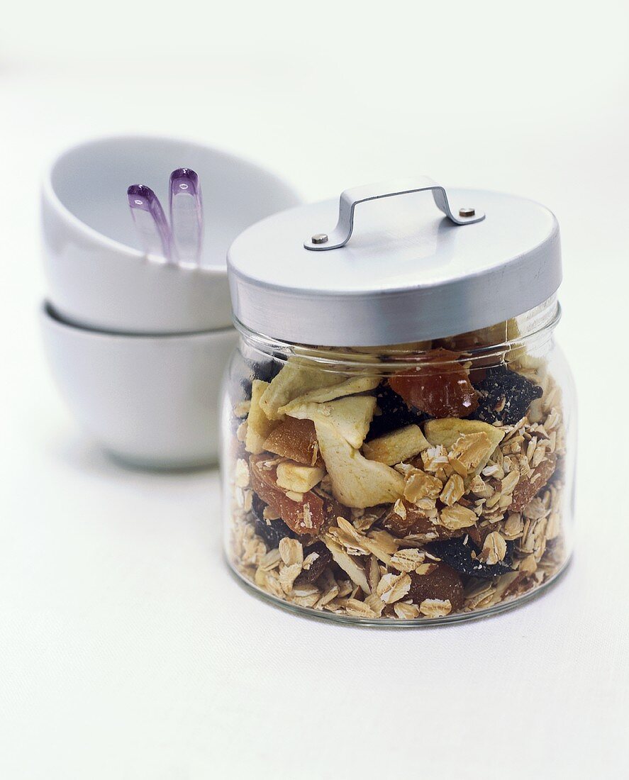 Muesli with dried fruit in jar