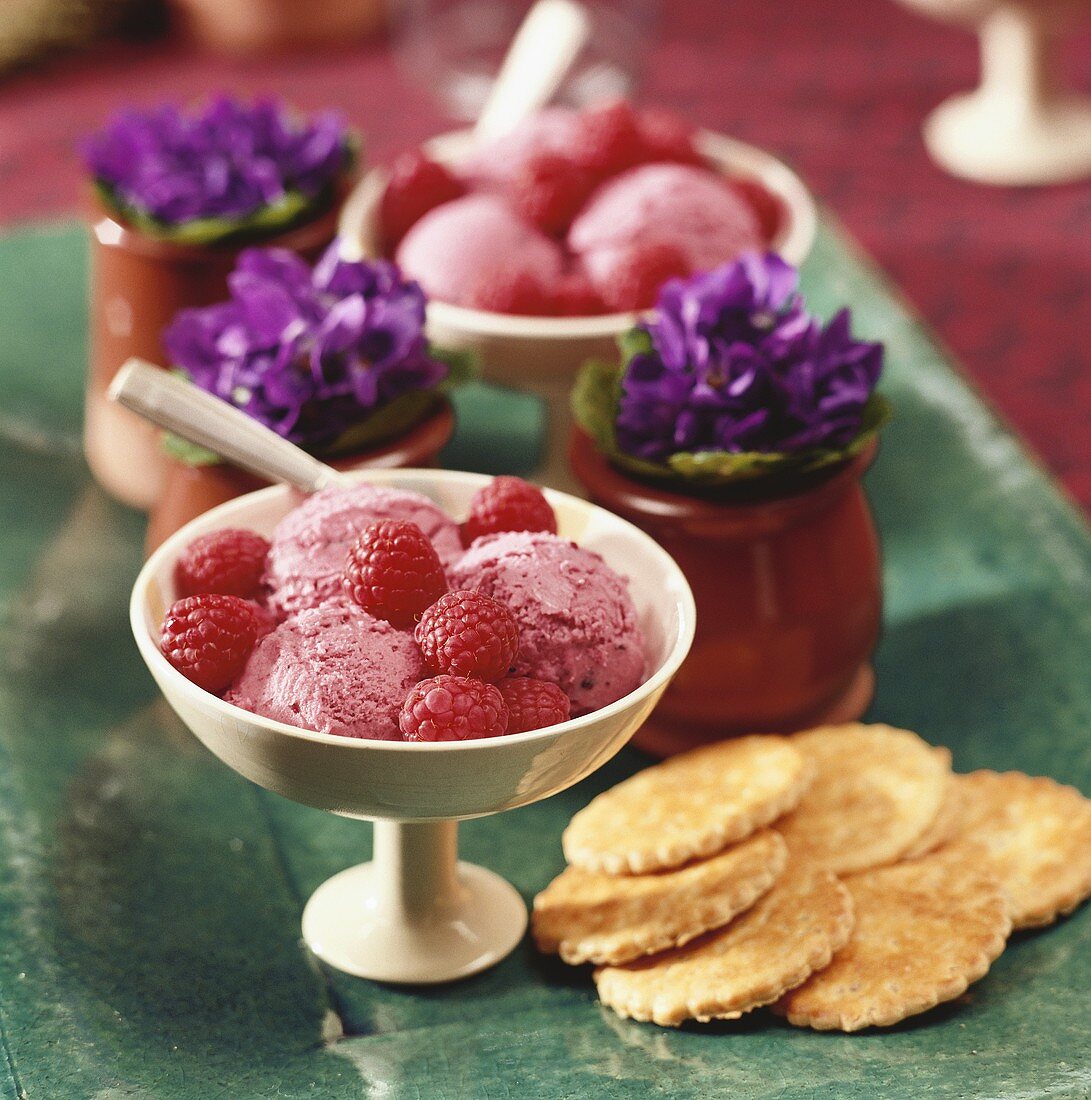 Ice cream sundae with fresh raspberries