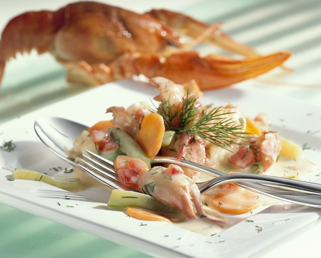 Freshwater crayfish with vegetables and dill sauce