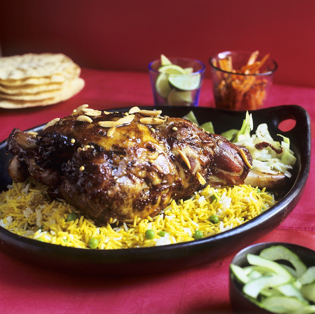 Roast lamb on curried rice