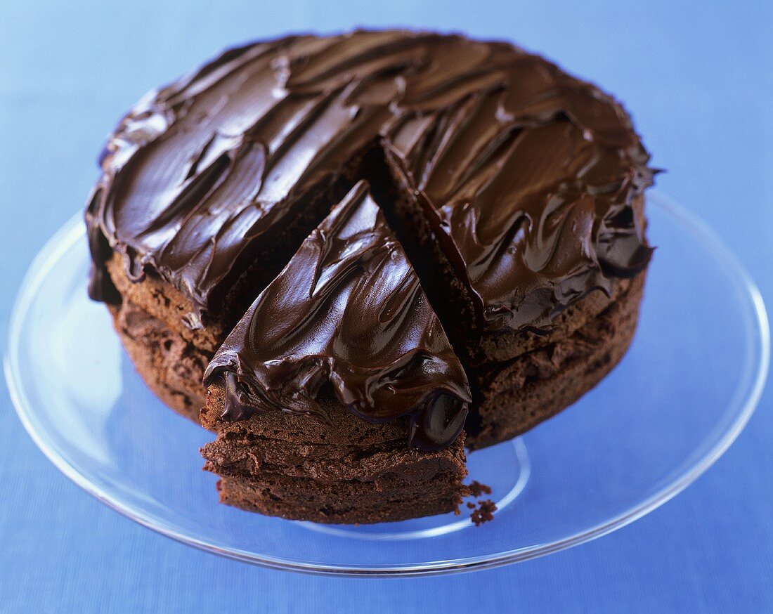 Chocolate cream cake, a piece cut