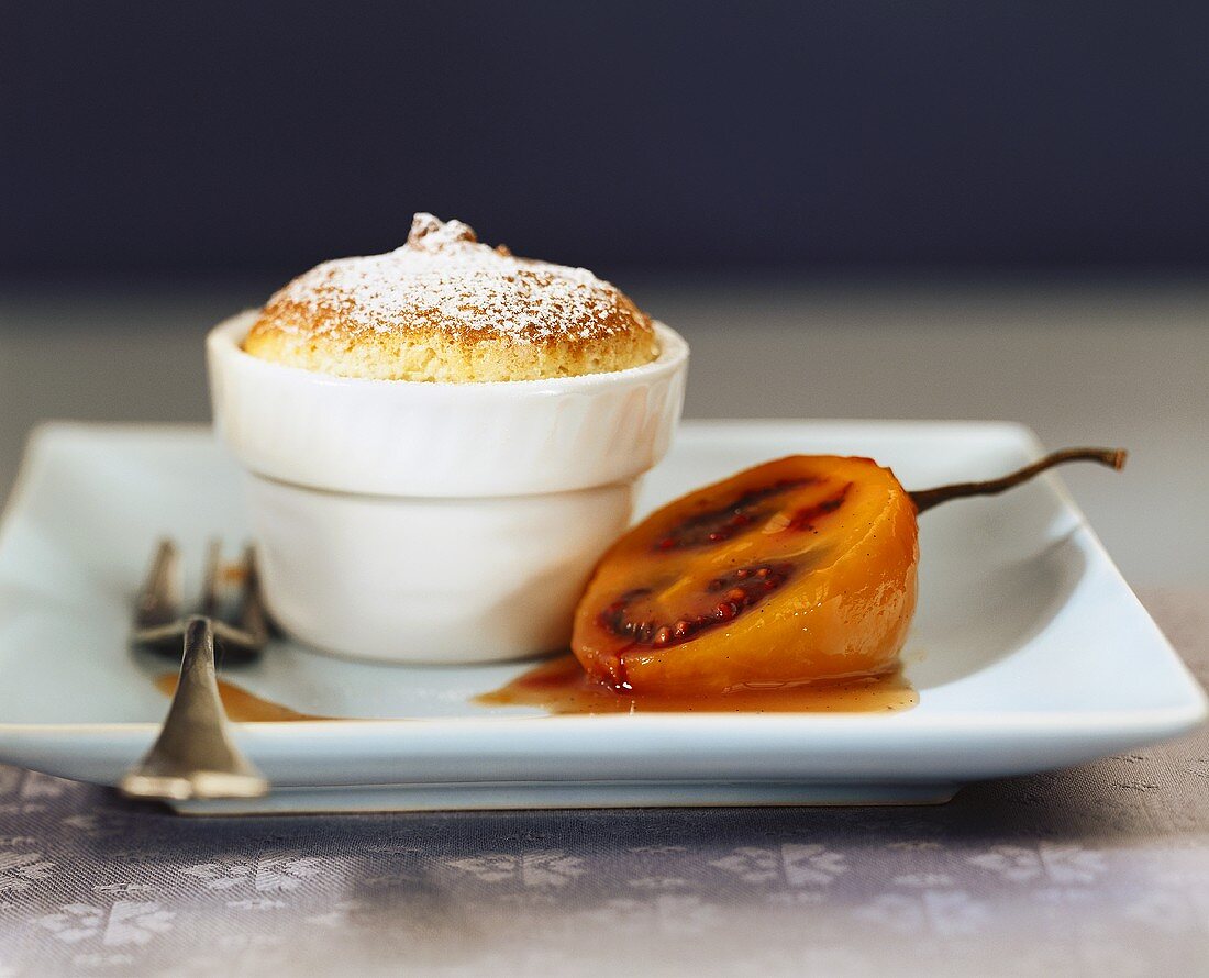 Coconut soufflé with tamarillo