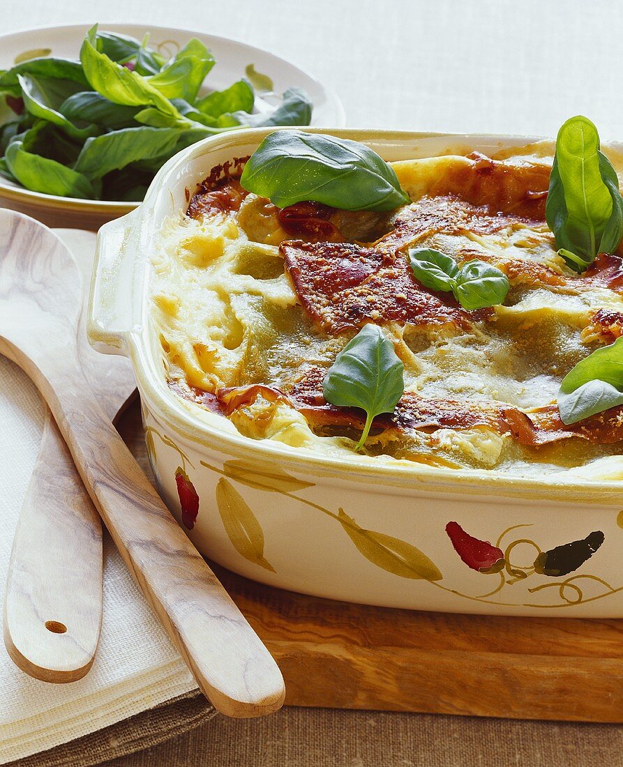 Lasagne with bacon and basil