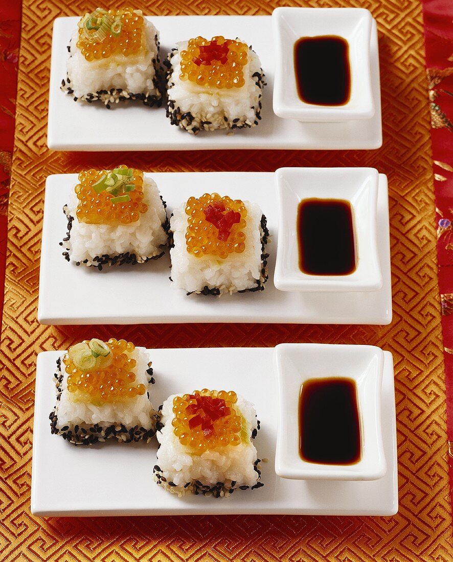 Sushi cubes with trout caviare
