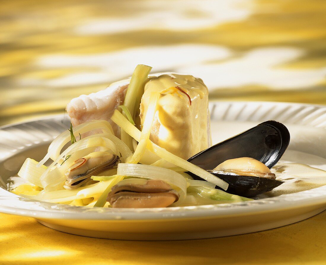 Cod fillet with mussels and leeks