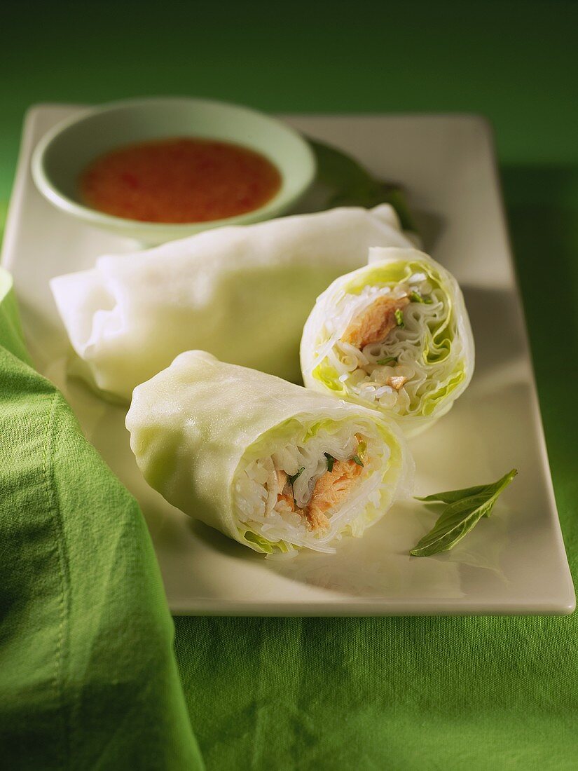Vietnamese spring rolls with salmon, vegetables & rice noodles