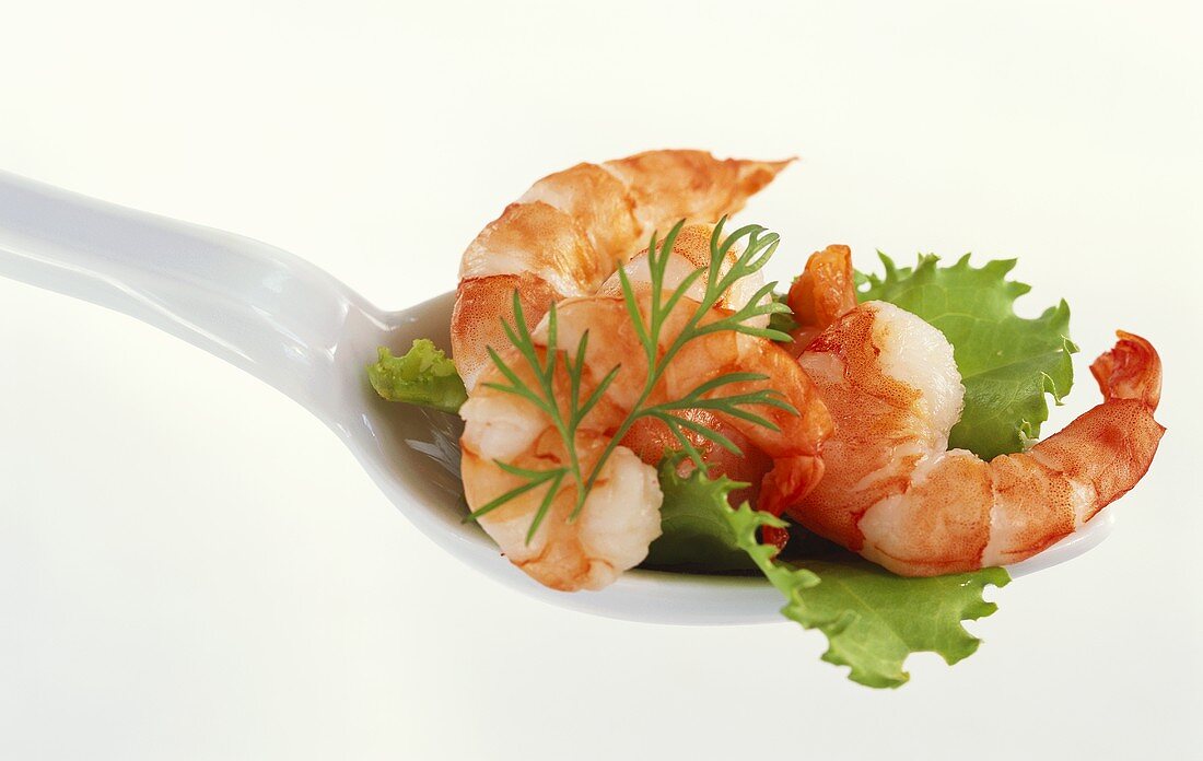 Shrimp tail, lettuce leaf and dill on spoon