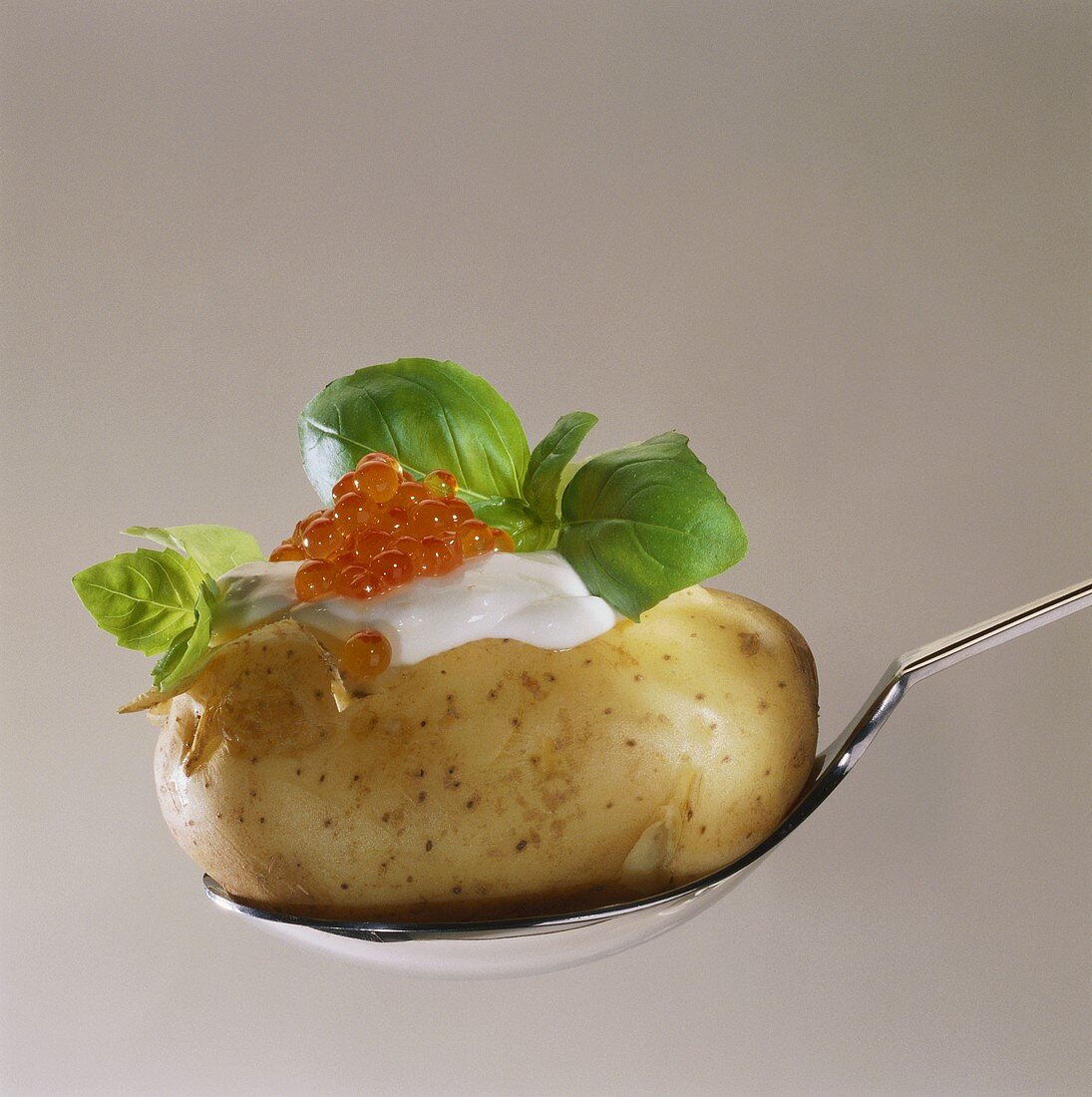 Kartoffel mit Sauerrahm, Kaviar und Basilikum