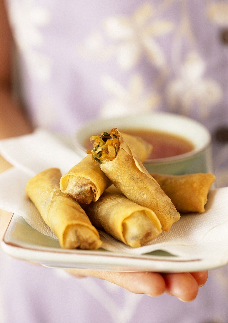 Hand hält eine Platte mit Frühlingsrollen und Dip