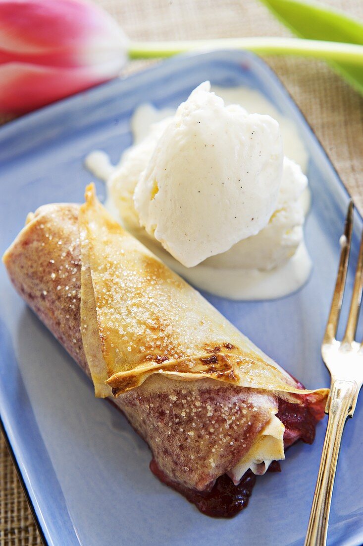 Süsse Frühlingsrolle mit Erdbeerfüllung und Vanilleeis