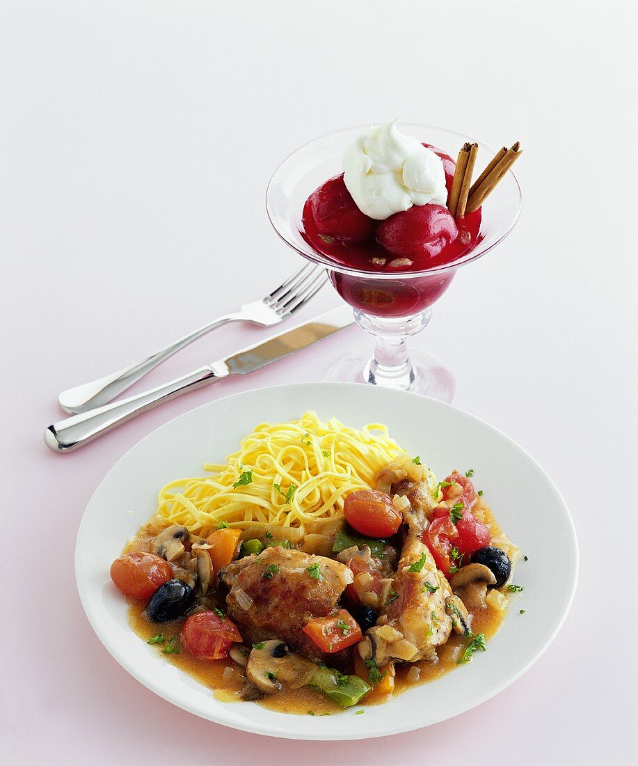 Mediterranes Hähnchen mit Nudeln & Pflaumendessert