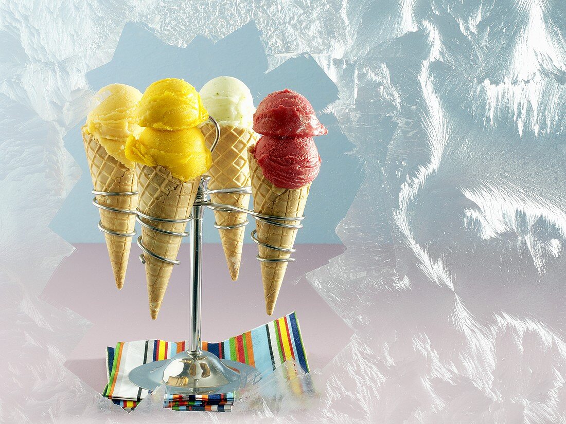 Mango, raspberry, apricot and peppermint ice creams in cones