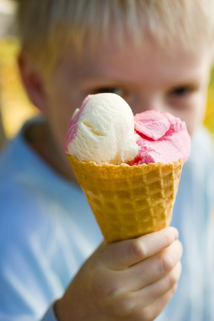 Small boy holding strawberry and vanilla ice cream cone