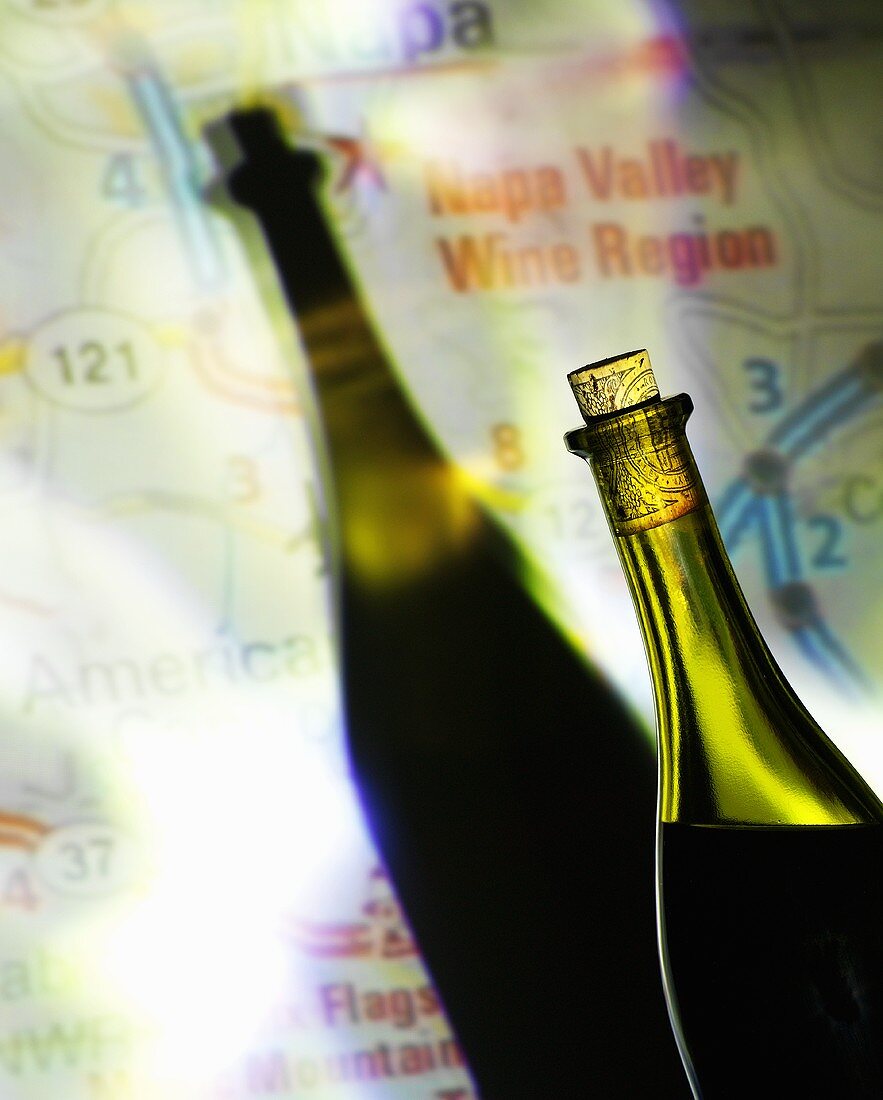 Weinflasche vor einer Landkarte mit Schatten