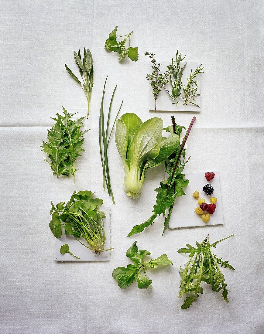 An assortment of herbs and leafy vegetables