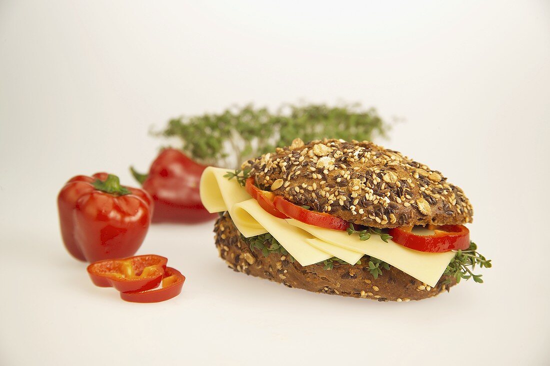 Wholemeal cheese sandwich with cress and peppers
