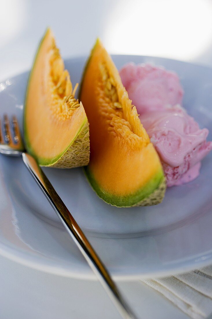 Two melon slices with strawberry ice cream