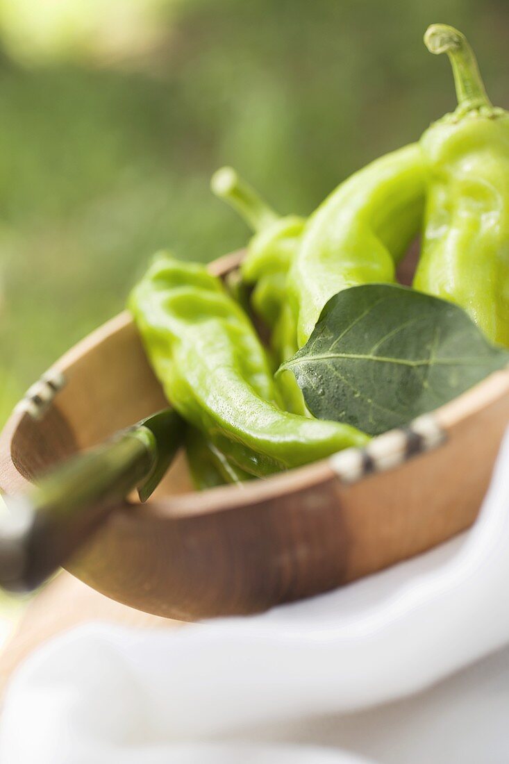 Green chili peppers in a wooden bowl