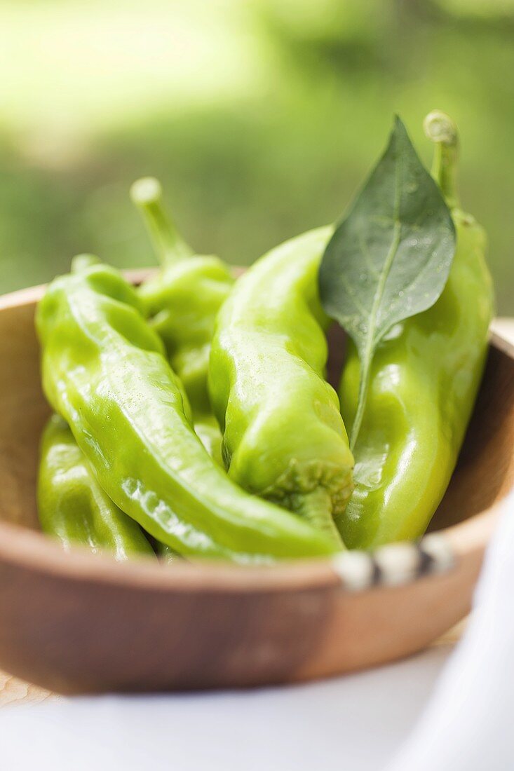 Green chili peppers in a wooden bowl