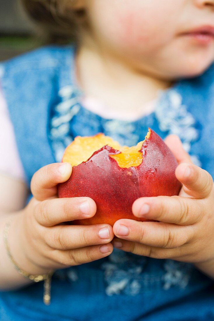 Small girl holding a nectarine with bites taken