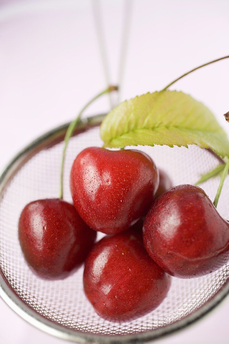 Four cherries in a sieve