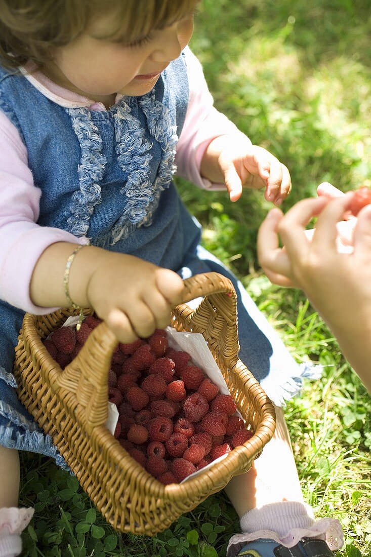 Kleines Mädchen hält einen Korb Himbeeren