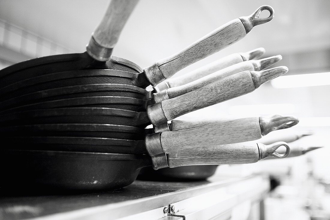 Frying pans in a commercial kitchen