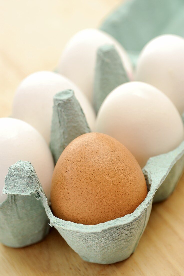 Five white and one brown egg in an egg box