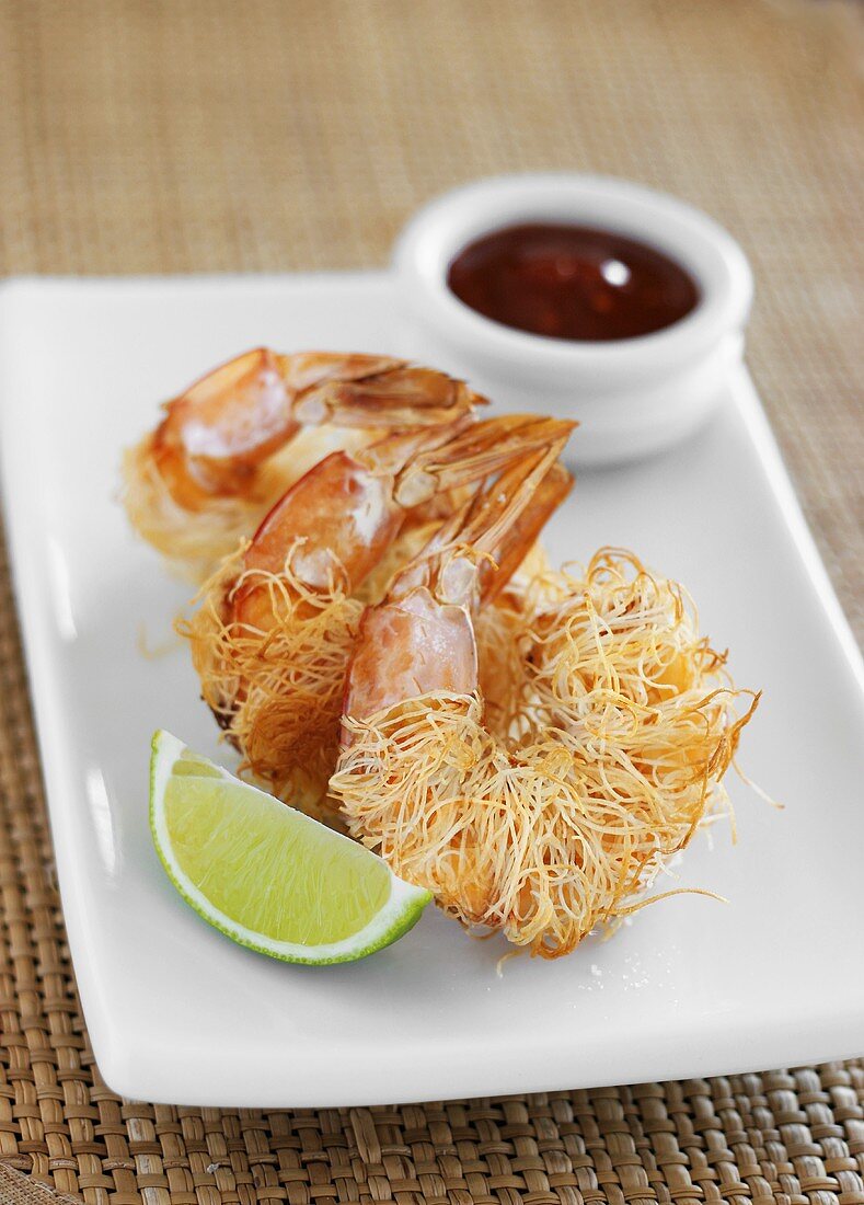 Shrimps fried in kataifi pastry with sweet and sour dip