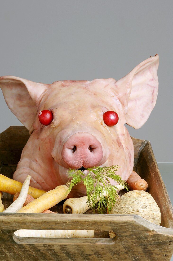 Schweinekopf mit Radieschen-Augen und Gemüse