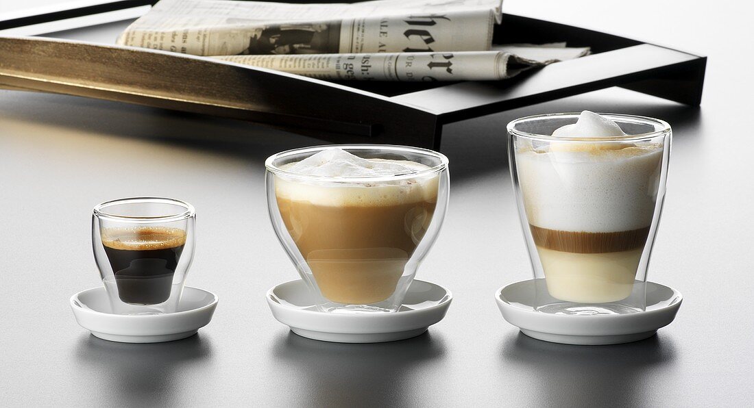 Espresso, cappuccino and latte macchiato