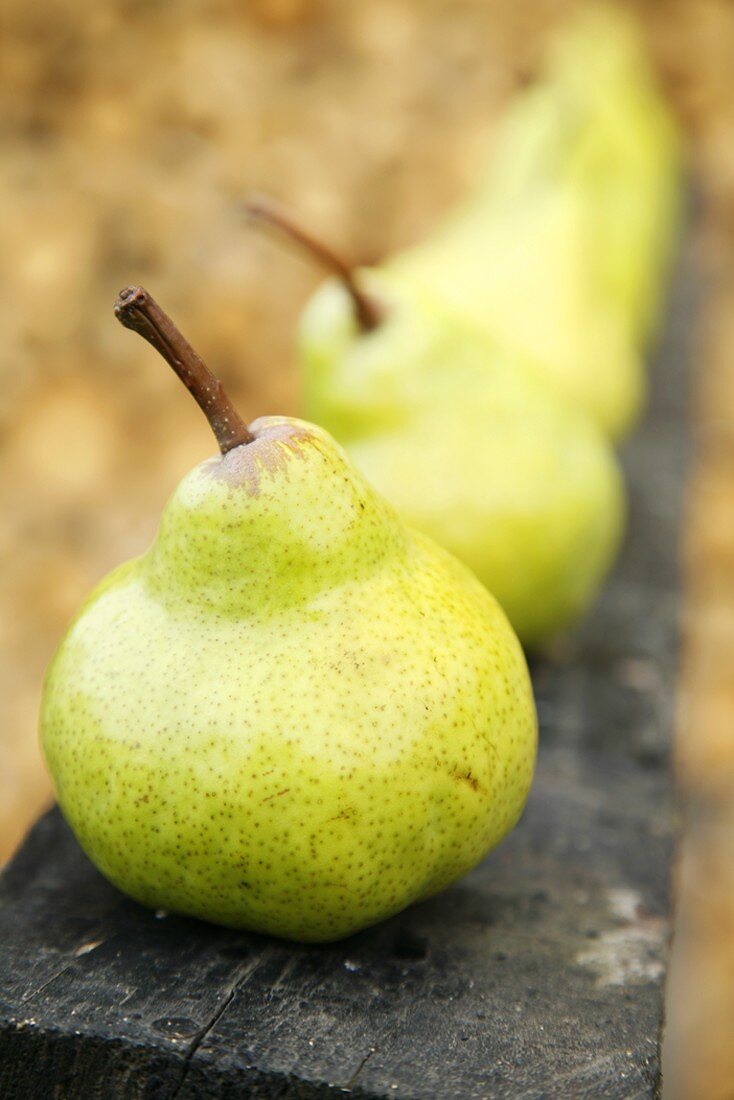 Fresh pears in a row on a wooden structure (close-up)
