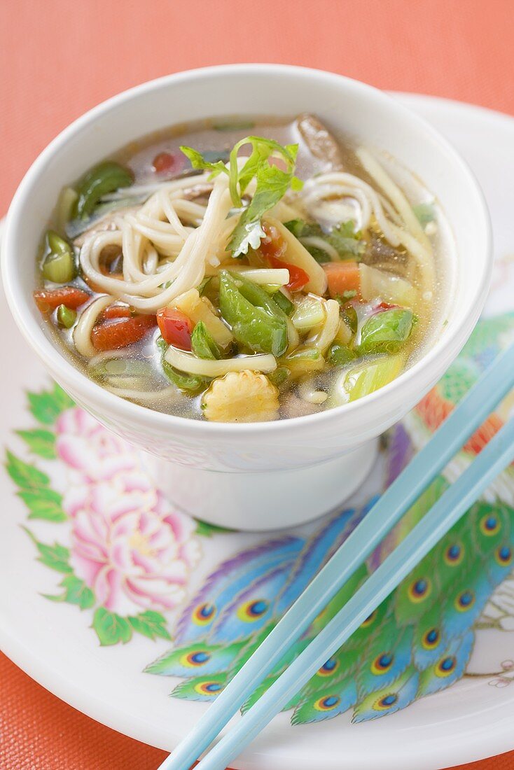 Noodle soup with vegetables and coriander leaves (Asia)