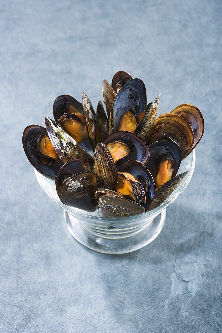 Steamed mussels in a glass bowl