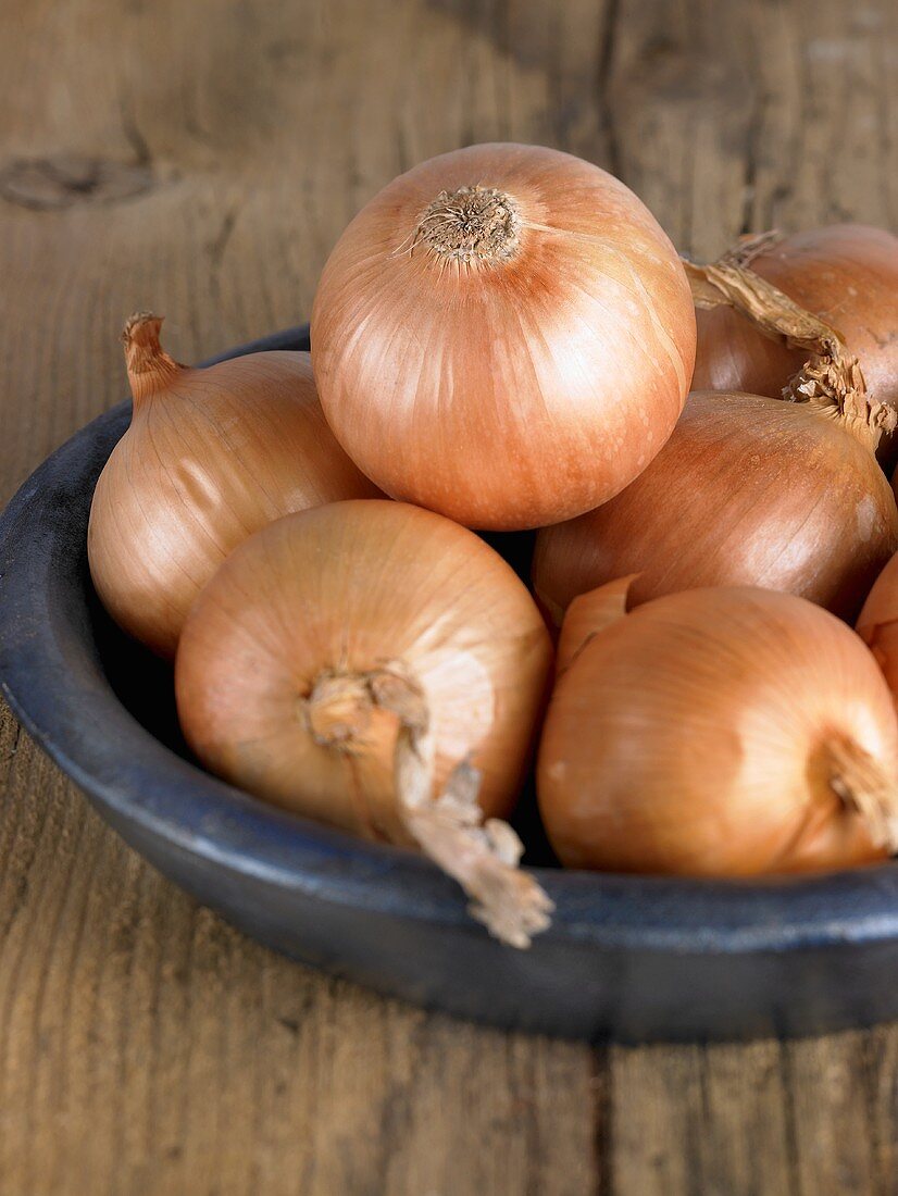 Brown onions in a ceramic dish