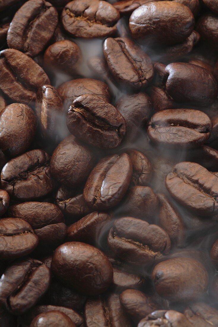 Steaming coffee beans