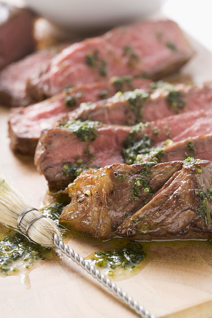 Beef steak (sliced) with herb butter