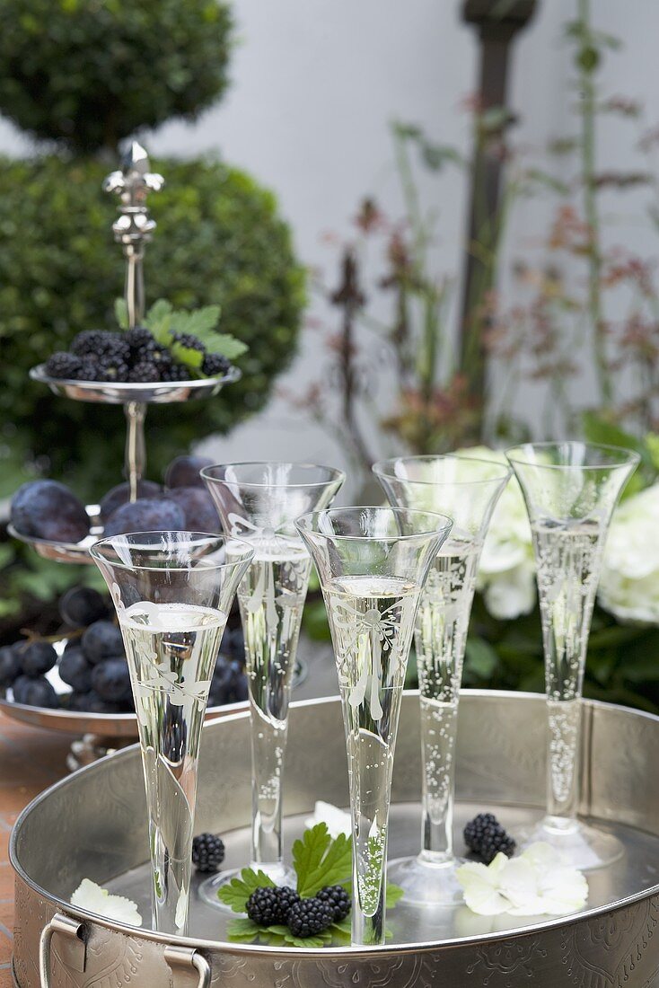 Champagne flutes on garden table with late summer decorations