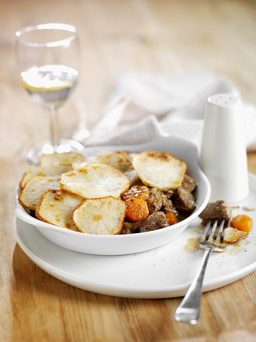 Irish stew in white dish